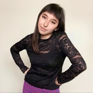 Valerie Stevens Petite Black Longsleeve Lace Shirt